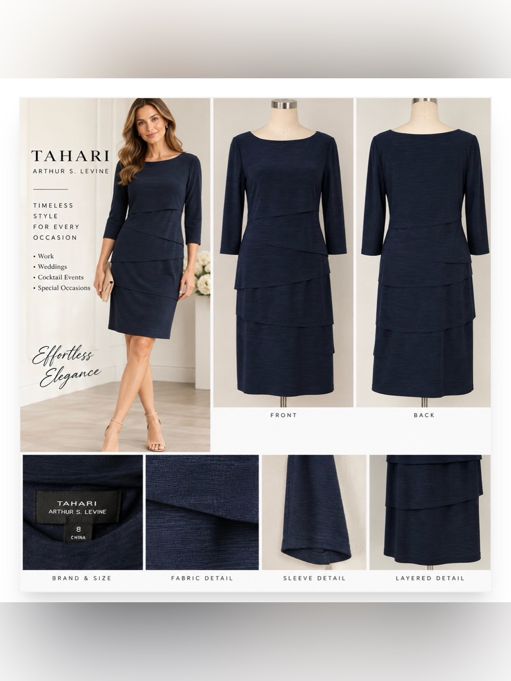Tahari Arthur S Levine Navy Tiered Sheath Dress 3/4 Sleeve Size 8